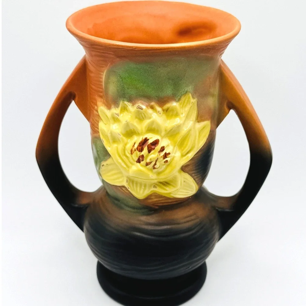 Roseville Water Lily 74-7 Vase Brown Green Yellow 1943 Art Pottery USA 7.25